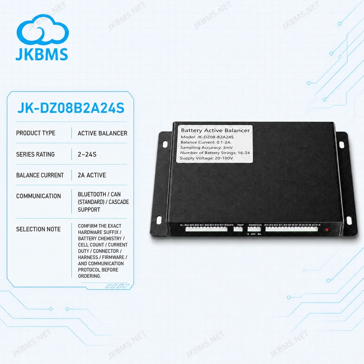 JKBMS JK-DZ08B2A24S Active Balancer — 2A 2~24S CAN Battery Equalizer with Cascade - official JKBMS product, JKBMS Active Balancers