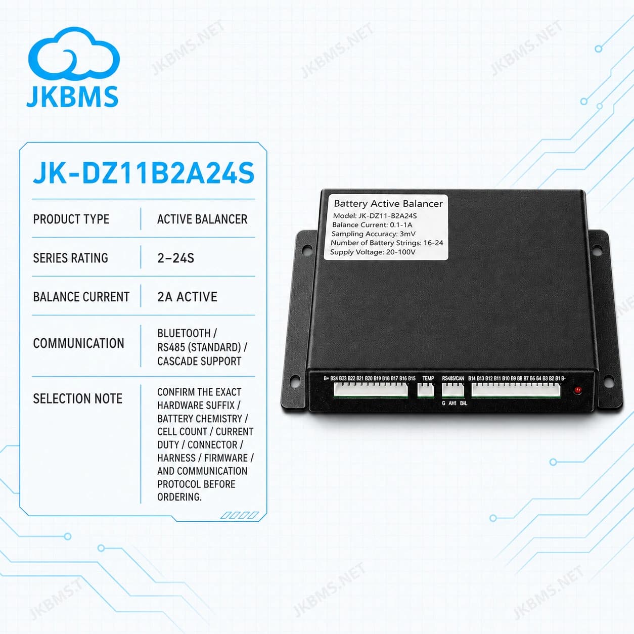 JKBMS JK-DZ11B2A24S Active Balancer — 2A 2~24S RS485 Battery Equalizer with Cascade - official JKBMS product, JKBMS Active Balancers