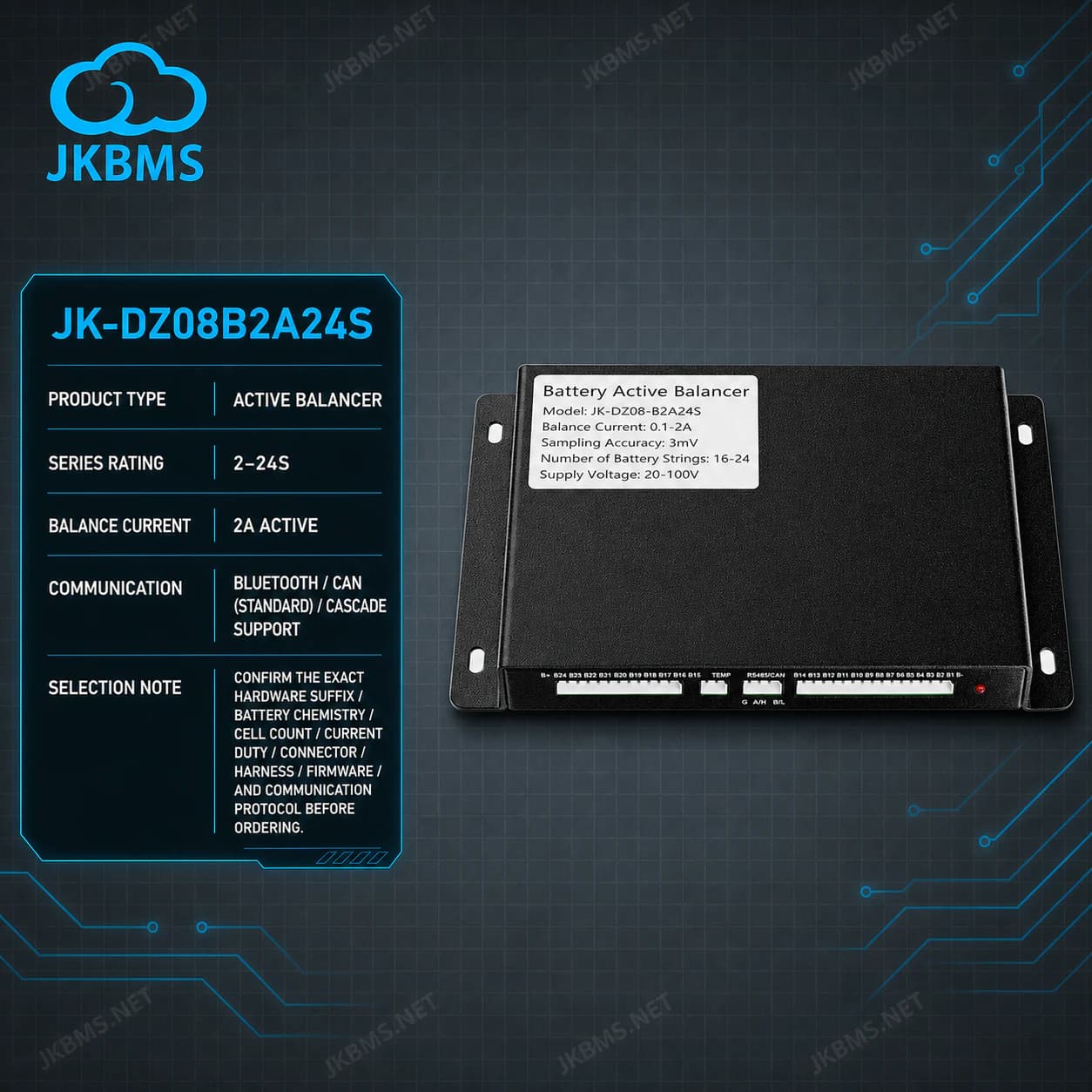 JKBMS JK-DZ08B2A24S Active Balancer — 2A 2~24S CAN Battery Equalizer with Cascade - official JKBMS product, JKBMS Active Balancers