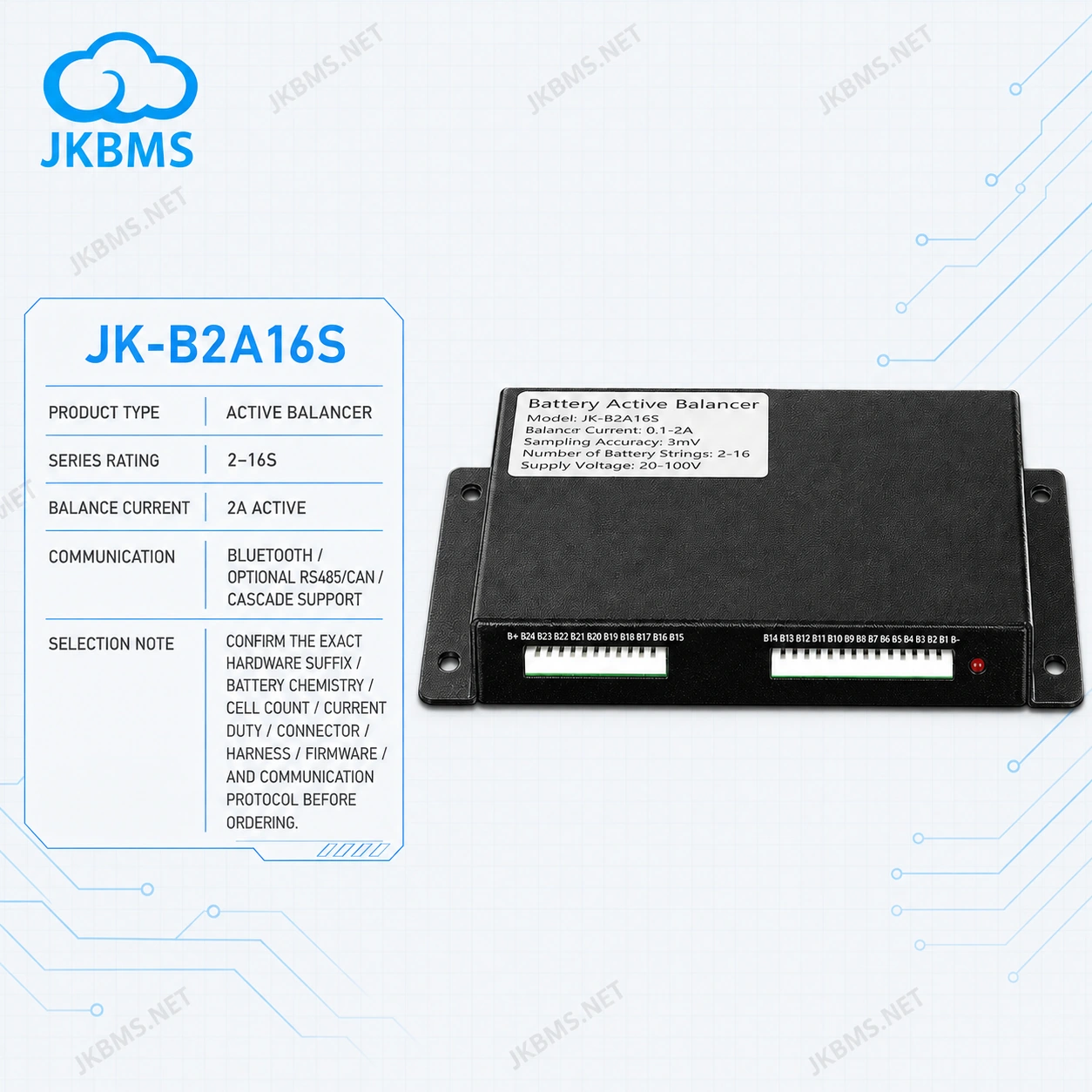 JKBMS JK-B2A16S Active Balancer — 2A 2~16S Battery Equalizer official JKBMS main product image