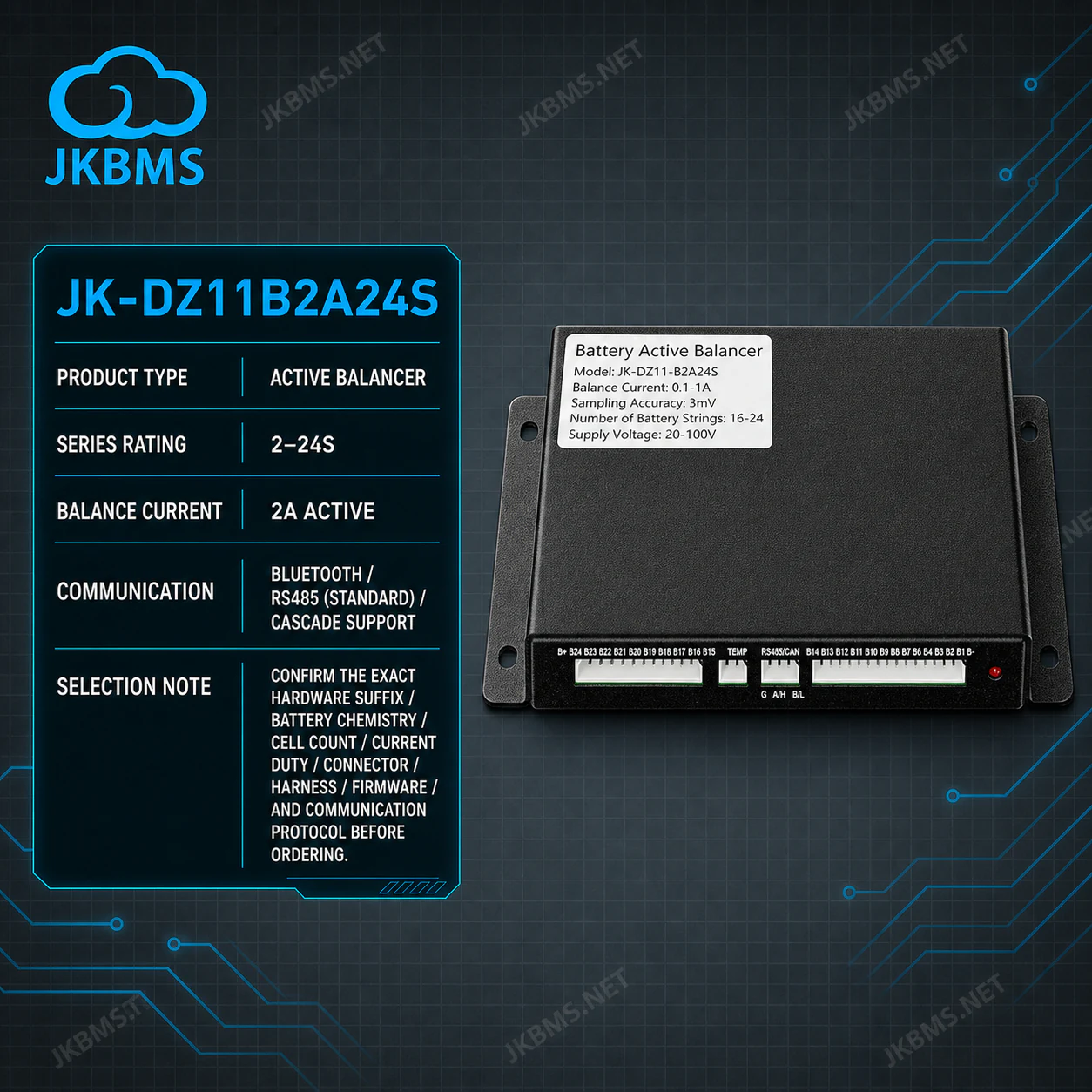 JKBMS JK-DZ11B2A24S Active Balancer — 2A 2~24S RS485 Battery Equalizer with Cascade - official JKBMS product, JKBMS Active Balancers